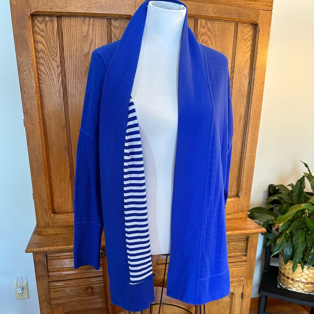 Liz Claiborne Blue Open Front Cardigan weekend royal blue stripes long cozy sz L - Picture 3 of 15
